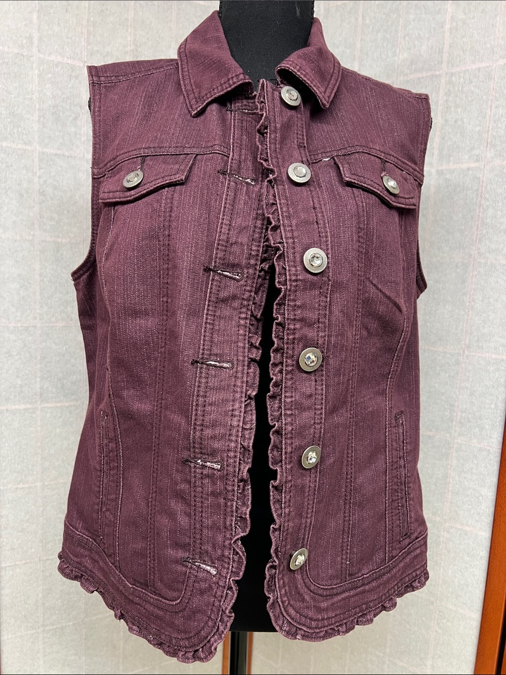 Christopher & Banks Plum Ruffled Denim Vest